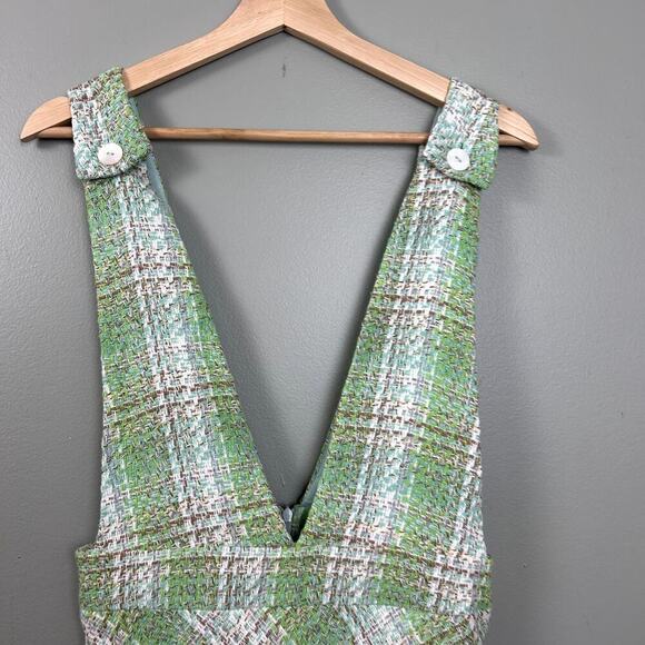 Zara Plaid Pinafore Tweed Dress Pastel Green White Overall Mini size Small - Picture 7 of 15